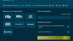 Capture d'&eacute;cran de la page des d&eacute;p&ocirc;ts sur VolerBet