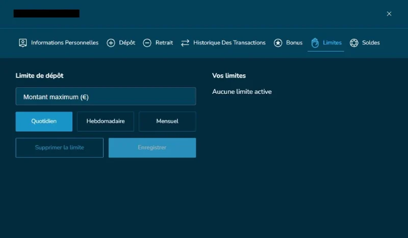 Capture d'écran des paramètres de jeu responsable sur VolerBet