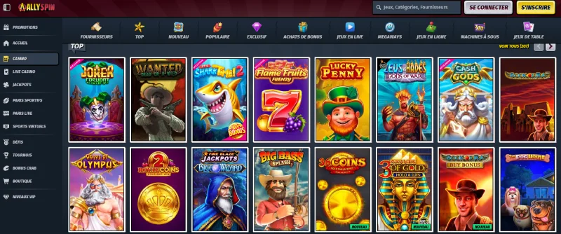 Capture d'écran des jeux de casino sur AllySpin