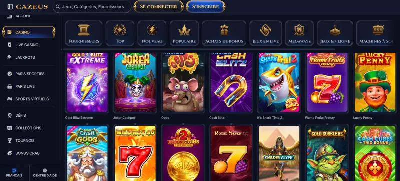Capture d'écran des jeux de casino sur Cazeus