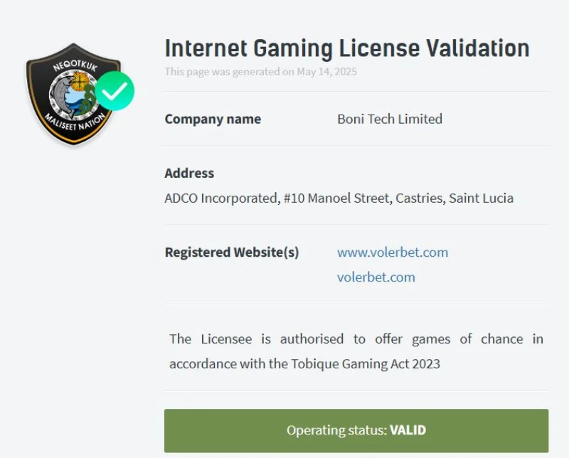Capture d'écran de la licence casino de Volerbet