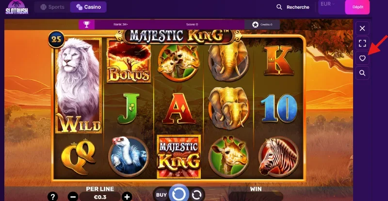Capture d'écran de l'onglet jeu favori sur SlotRush
