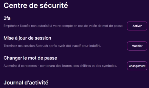 Capture d'écran des paramètres de sécurité de SlotRush