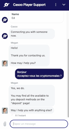 Capture d'écran de la discussion avec le service client de Casoo casino