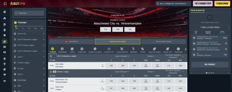 Capture d'écran de la section sportive sur AllySpin
