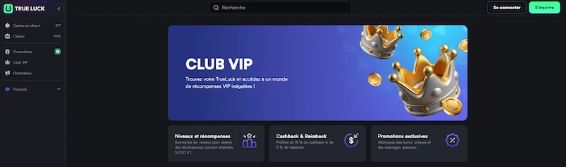 Capture d'écran du programme VIP de TrueLuck Casino