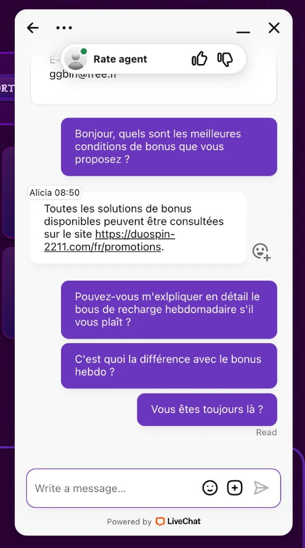 capture écran de l'échange avec le service client de duospin