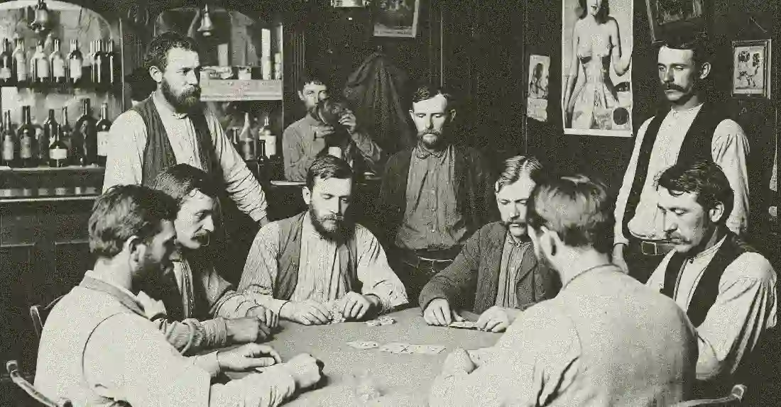illustration vieille photographie de personnes jouant au poker razz dans un saloon