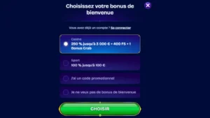 Capture d'&eacute;cran du choix de bonus de bienvenue sur WishWin