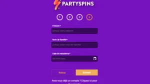Capture d'&eacute;cran du deuxi&egrave;me formulaire d'inscription sur PartySpins