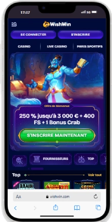 Capture d'écran de l'interface de WishWin sur mobile