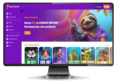 Capture d'écran de l'interface de PartySpins sur ordinateur