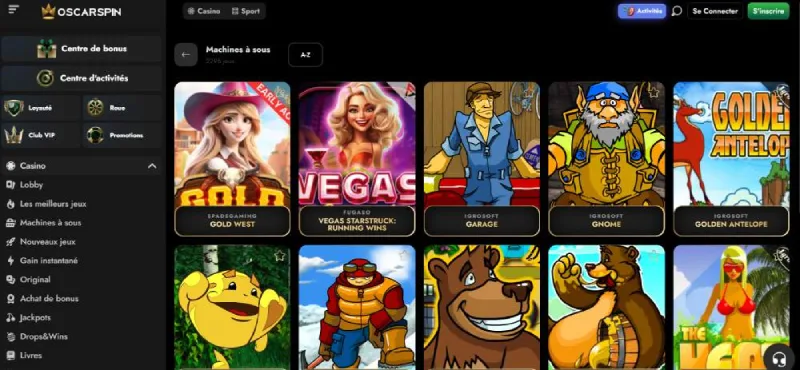 Capture d'écran des jeux de casino sur OscarSpin