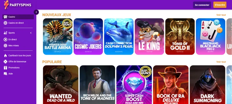 Capture d'&eacute;cran des jeux de casino sur PartySpins