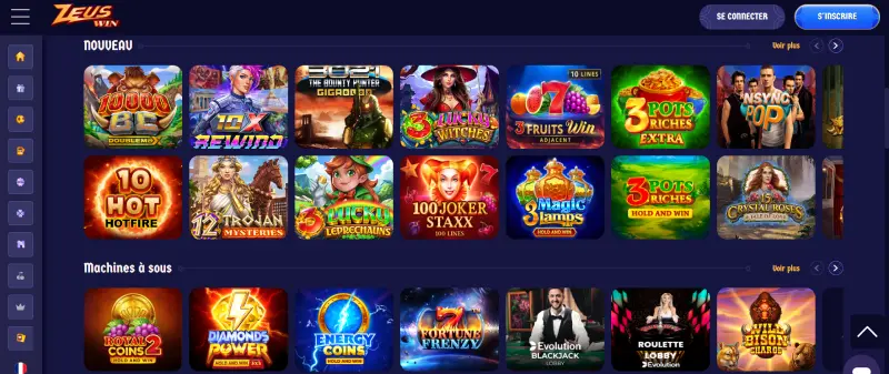 Capture d'&eacute;cran des jeux de casino sur Zeuswin