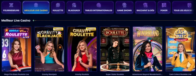 Capture d'écran de la section Live Casino sur WishWin