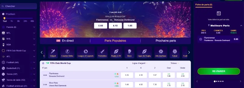 Capture d'écran de la section Paris Sportifs sur WishWin