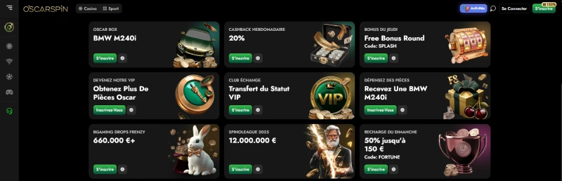 Capture d'&eacute;cran des promotions sur OscarSpin