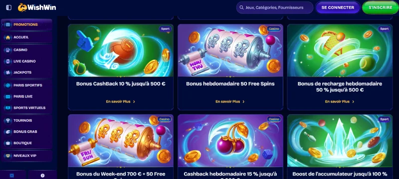 Capture d'écran des promotions sur WishWin