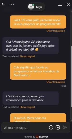 Capture d'écran du service client sur MadCasino
