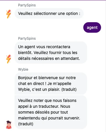 Echange avec le service client de PartySpins