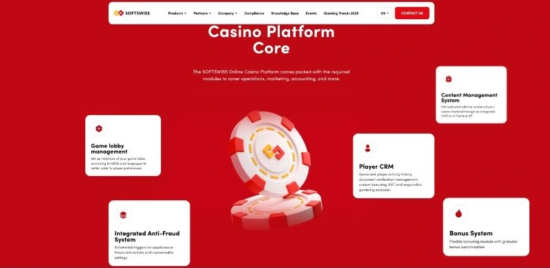 Capture d'écran des solutions Softswiss pour le casino en ligne