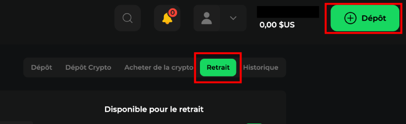 Capture d'écran des boutons de dépôt et de retrait sur Betify