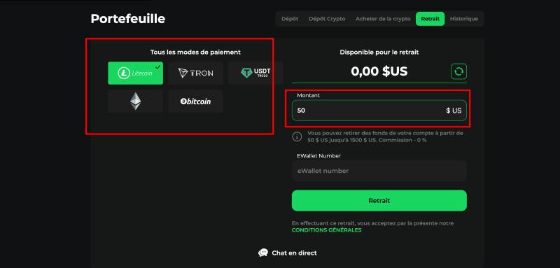 Capture d'écran des méthodes de paiement disponibles sur Betify