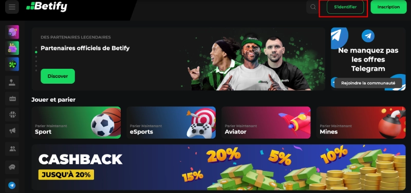 Capture d'écran du bouton de connexion au compte sur Betify