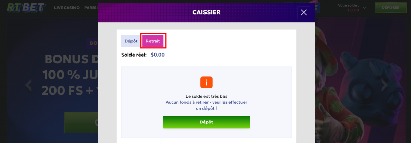 capture d'écran du bouton retrait dans l'onglet caisse sur rtbet