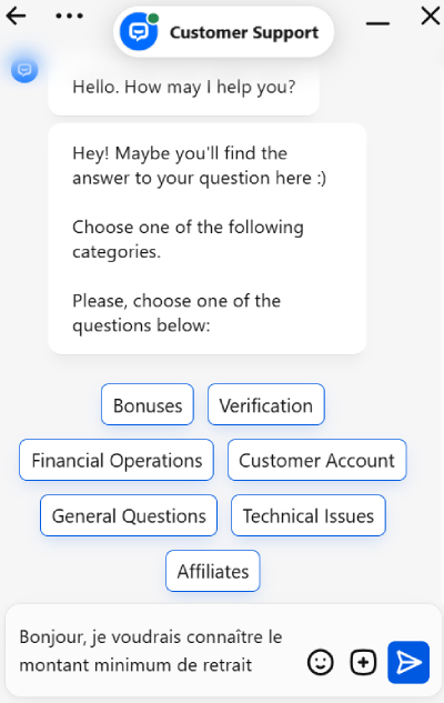 Live chat avec le support client de instasino casino