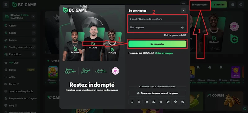 Capture d'écran de la page de connexion de BC Game