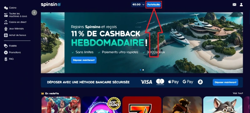Le bouton "Portefeuille" sur Spinsino