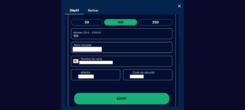 Capture d'écran de la finalisation du dépôt sur Spinsino
