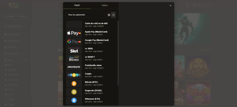 Capture décran de la page des dépôts sur RX Casino