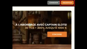 Capture d'&eacute;cran du bouton d'inscription sur Captain Slots
