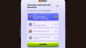 Capture d'&eacute;cran du choix du bonus sur SpinBara