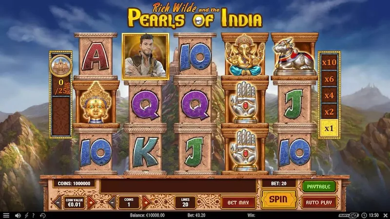 Capture d'écran de l'interface de la machine à sous Rich Wilde and the Pearl of India