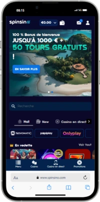 Capture d'écran de l'interface de Spinsino sur mobile