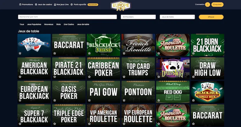 Capture d'&eacute;cran des jeux de table sur Europe777 Casino
