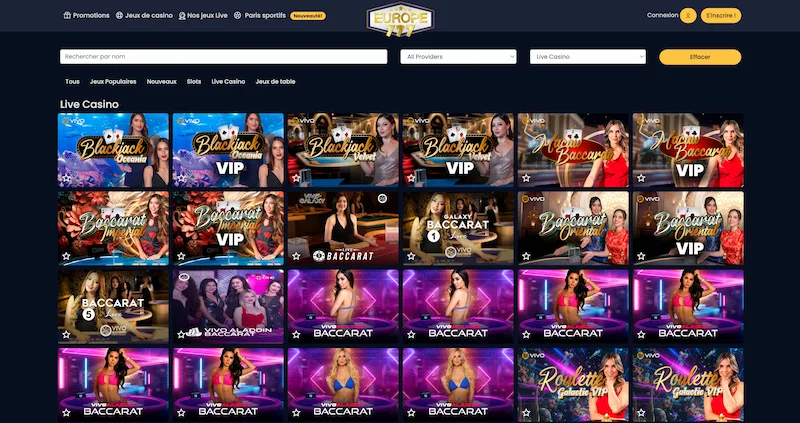 Capture d'&eacute;cran des jeux en direct sur Europe777 Casino