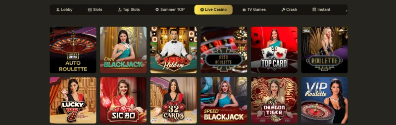 Capture d'écran de la section Live Casino sur RX Casino