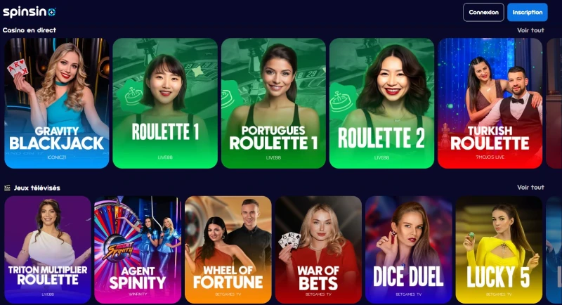 Capture d'écran des jeux de casino en direct sur Spinsino