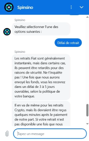 Échange via livechat avec le service client de Spinsino
