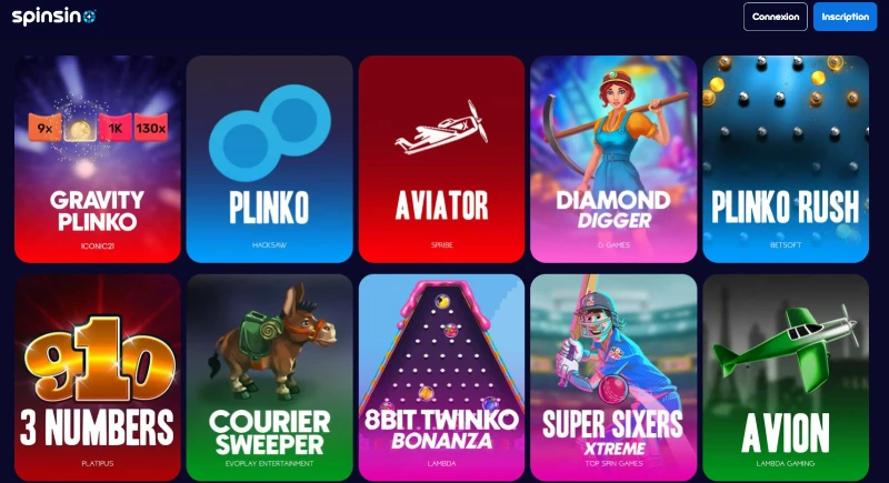 Capture d'écran des mini jeux sur Spinsino