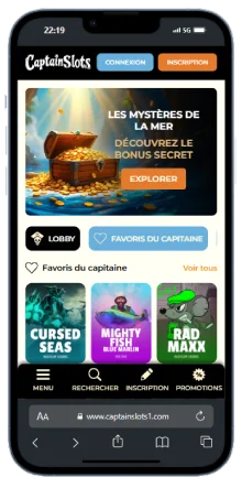 Capture d'&eacute;cran de l'interface de Captain Slots sur mobile