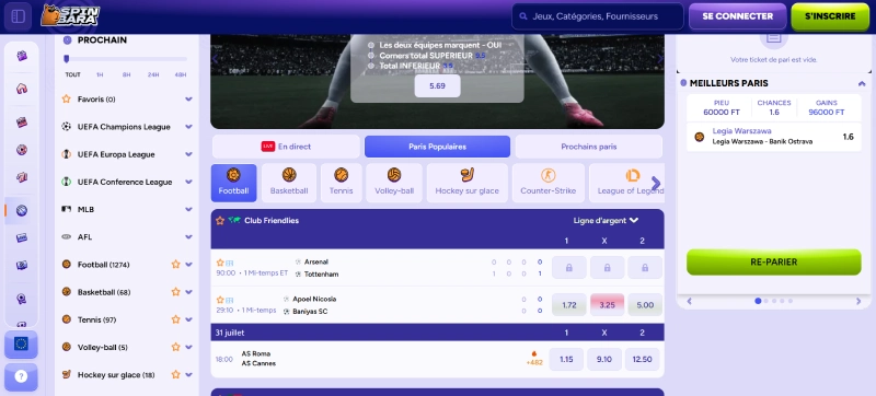 Capture d'écran de la section des paris sportifs sur SpinBara
