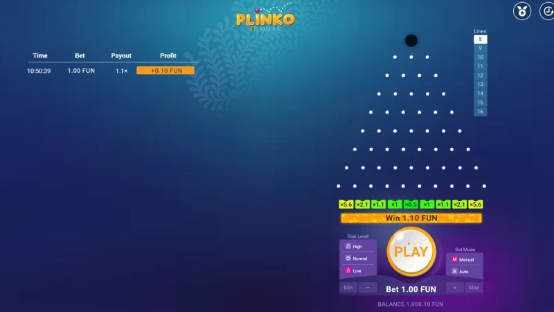 Capture d'écran de l'interface du jeu Plinko de BGaming