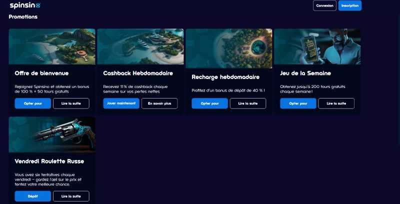 Capture d'&eacute;cran des promotions sur Spinsino