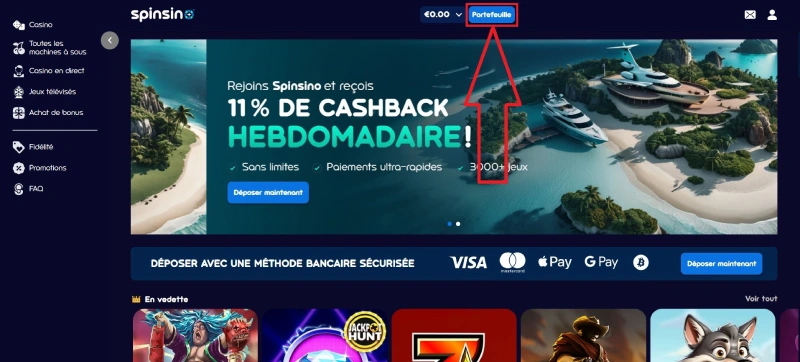 Etape 1 pour faire un retrait sur Spinsino